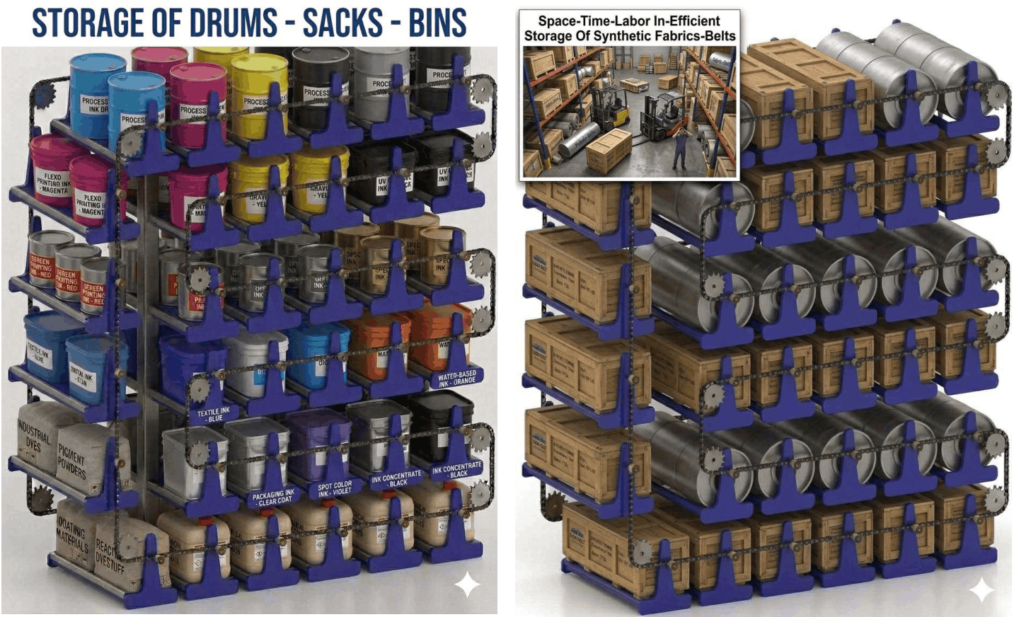 Vertical Carousels For Space-Time-Labor-Damage Efficient Vertical Storage Of  Drums-Sacks-Bins Synthetic Fabrics-Belts In Paper Mills